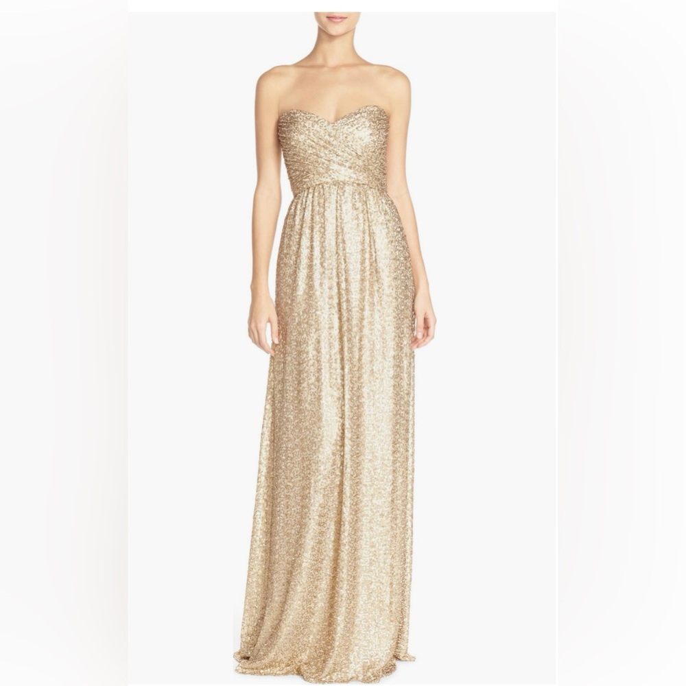 Amsale 'London' Sequin Gold Tulle Strapless Column Gown